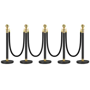 5-pack stanchion set with four 5-foot black velvet ropes. Heavy-duty iron posts in black and gold, fillable bases for stability. Built for queues, red carpets, and event lines.