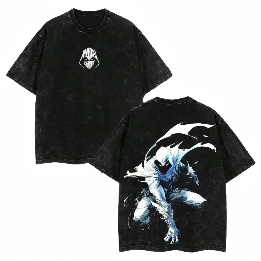 ST cotton 100% Washed Pure Cotton Moon Knight Graphic Tee Mens Oversized Crew Neck Short Sleeve Tshirt Crescent Warrior Blade Print Soft Comfortable Dark Streetwear Daily Outfit Gym Concert Weekend Holiday Gift Fashion Top
