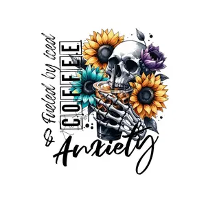 Fueled By Iced Coffee & Anxiety • T-shirt Tee Shirt Comfortable Unisex Top Sublimation Graphic Cute Stylish Casual Crewneck Watercolor Boho Sunflower Sunflowers Skull Coffee