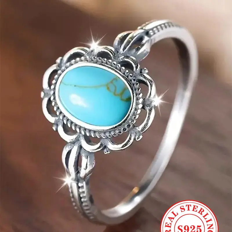 S925 Sterling Silver Vintage Style Turquoise Decoration Ring As Gifts, Fashion Jewelry Back To School, Promise Vintage Ring Jewelry for Birthday Gift, with Box Promise Ring for Gf