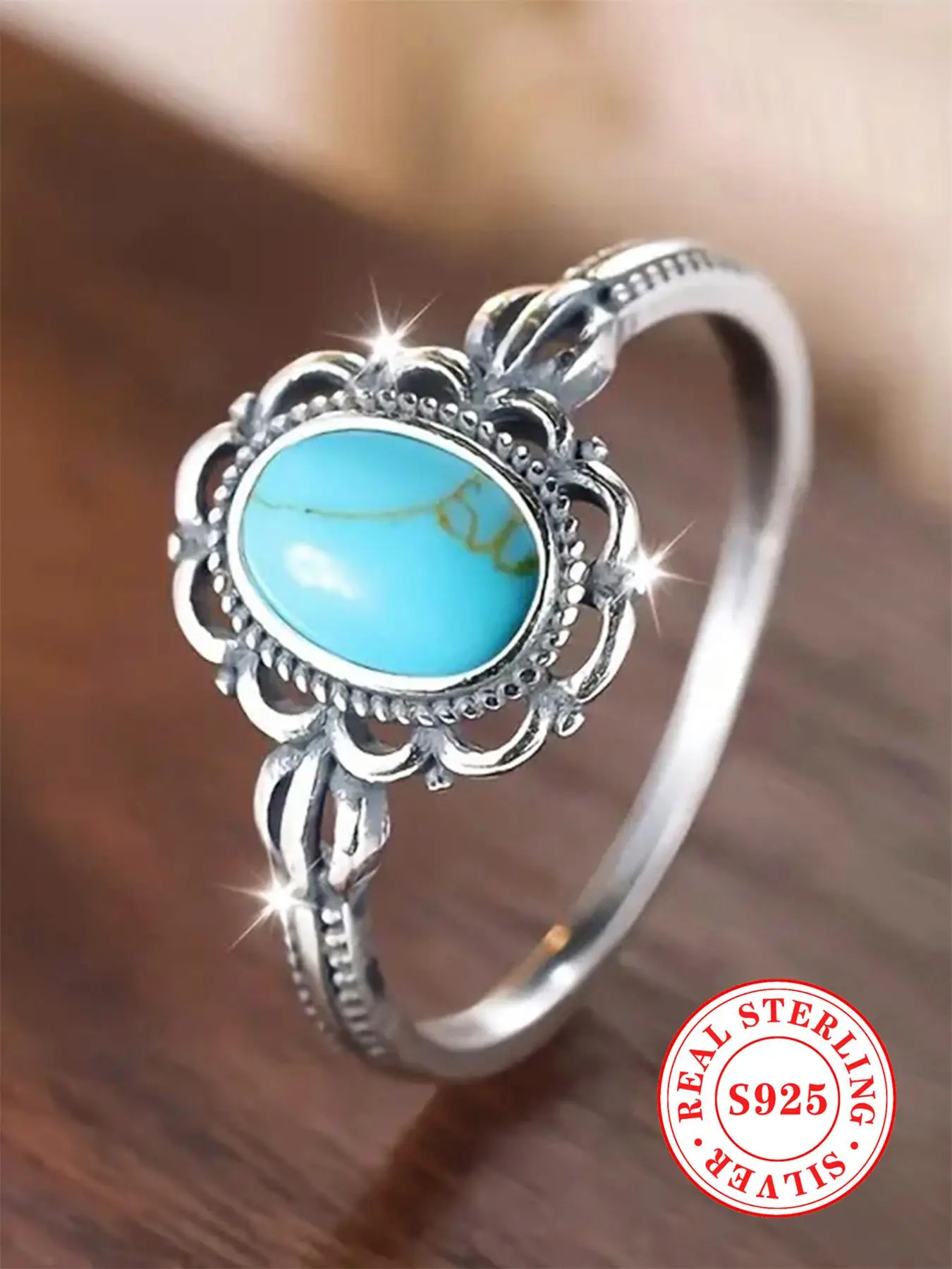 S925 Sterling Silver Vintage Style Turquoise Decorated Ring As Gifts, Fashion Jewelry Back To School, Promise Vintage Ring Jewelry for Birthday Gift,