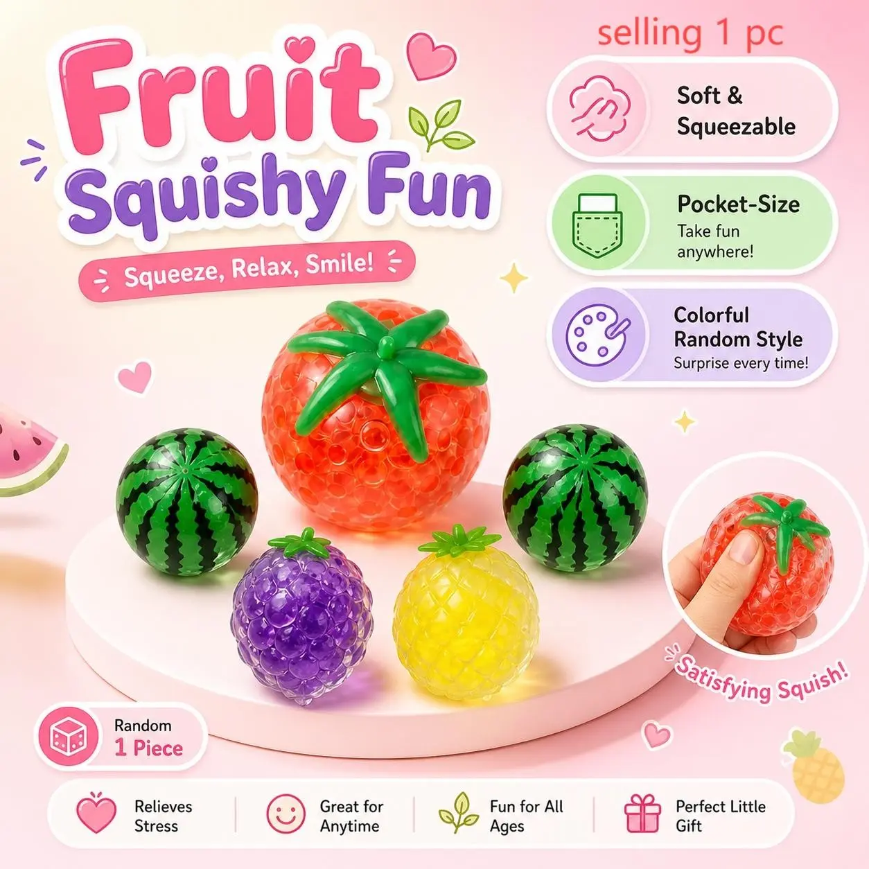 Fruit stress relief toy squeeze toy, Soft sensory fidget, watermelon/strawberry styles, stretchable, press to soothe emotions, relieve anxiety, suitable for office and study stress relief, leisure and entertainment, improve focus, birthday gift