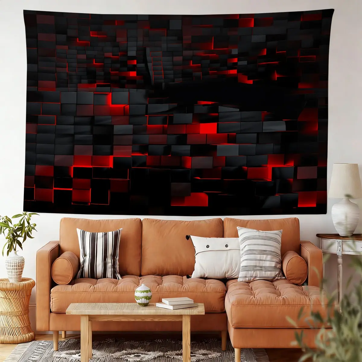 [Digitally Printed Tapestry] Modern Abstract Cube Wall Tapestry, Geometric Wall Hanging Art for Living Room, Minimalist Digital Print Tapestry, Contemporary Home Decor, Easy to Hang, Sophisticated Aesthetic, Durable Wall Tapestry.
