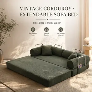 78.8" Vintage Corduroy Extendable Modular Sofa Bed, 5-in-1 Boneless Floor Futon Couch with Fixed-Shape Metal Frame, No Assembly Washable Cover Convertible Sleeper Sofa with 2 Pillows for Small Space Guest Bed Kids Play Area