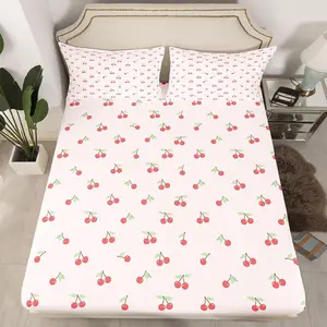 Fruit Pink Bedding Fitted Sheet Cherry Pattern Design Bedding Sheets Cute Kawaii Cherries Bed Sheet Set Cute Bed Cover Bedroom Collection