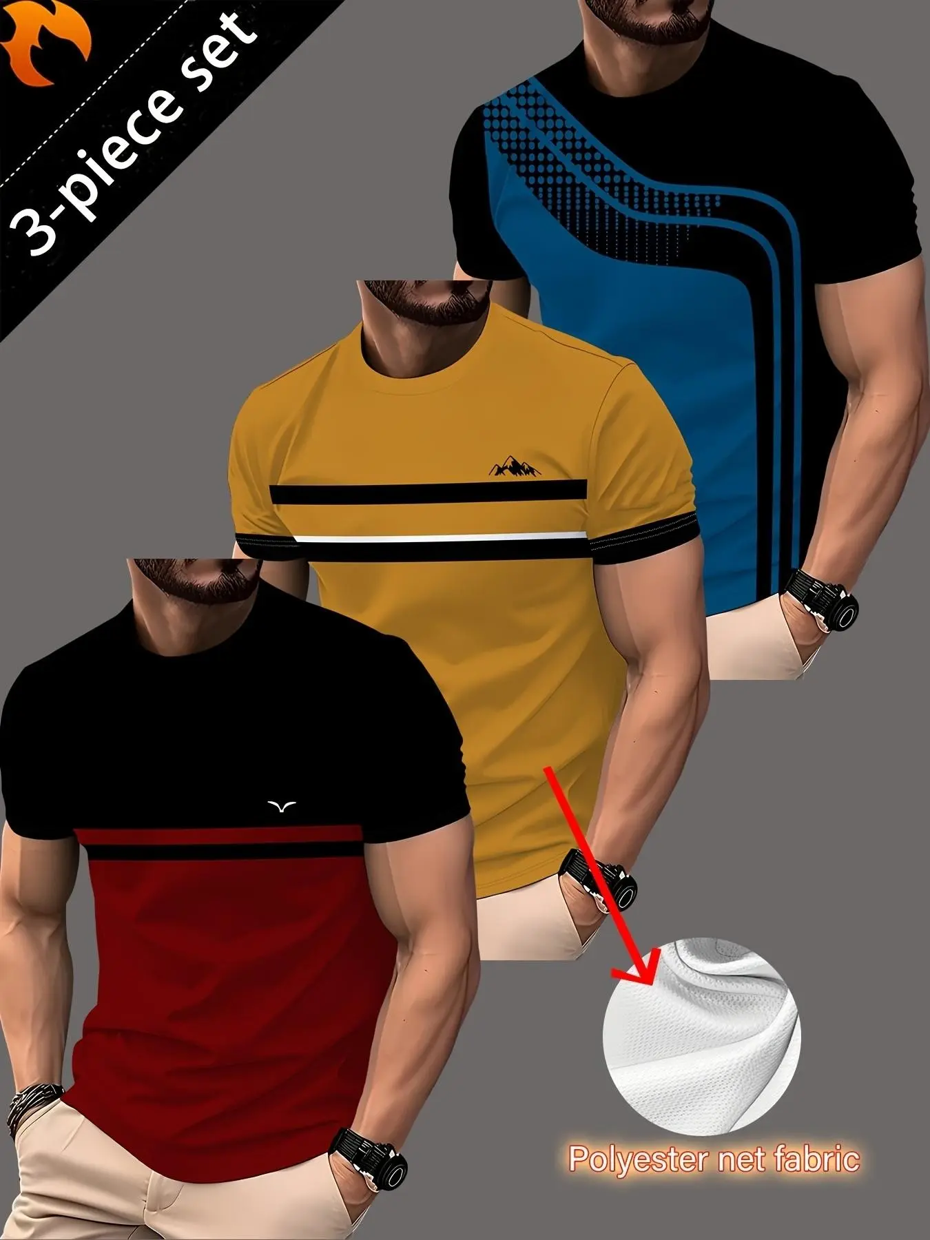 3pcs Men's Quick-Dry Stretchable T-Shirts, Active Tops - Moisture-Wicking Short Sleeve Round Neck Striped Athletic Tees, Fitness Tee Suitable for Summer Outdoor Sports, Gym & Casual Wear, Machine Washable Polyester Tops