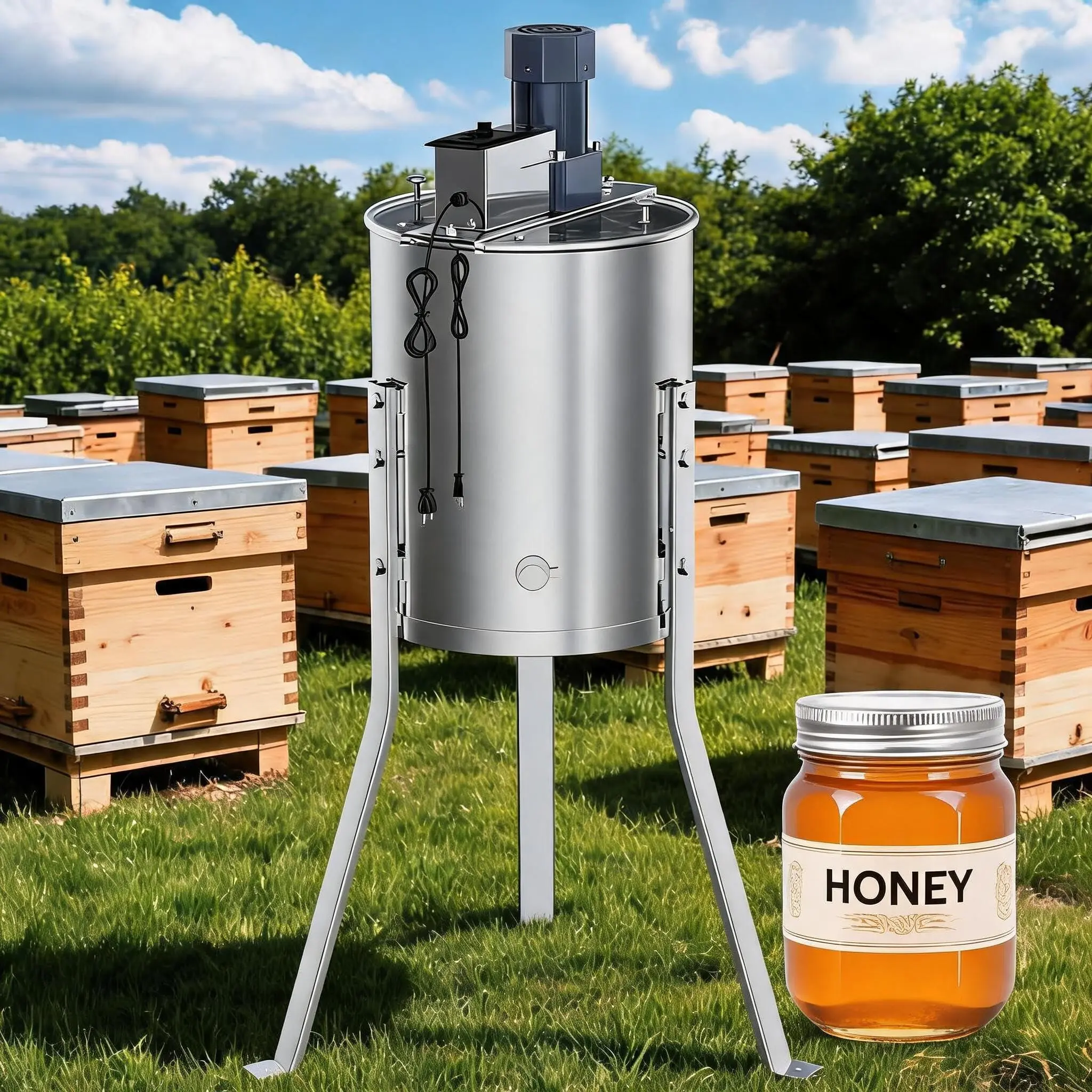4-Frame Stainless Steel Manual Crank Honey Extractor with Cylindrical Tank, Adjustable Stand, Large Frame Holder – Outdoor Beekeeping Tool for Beekeepers