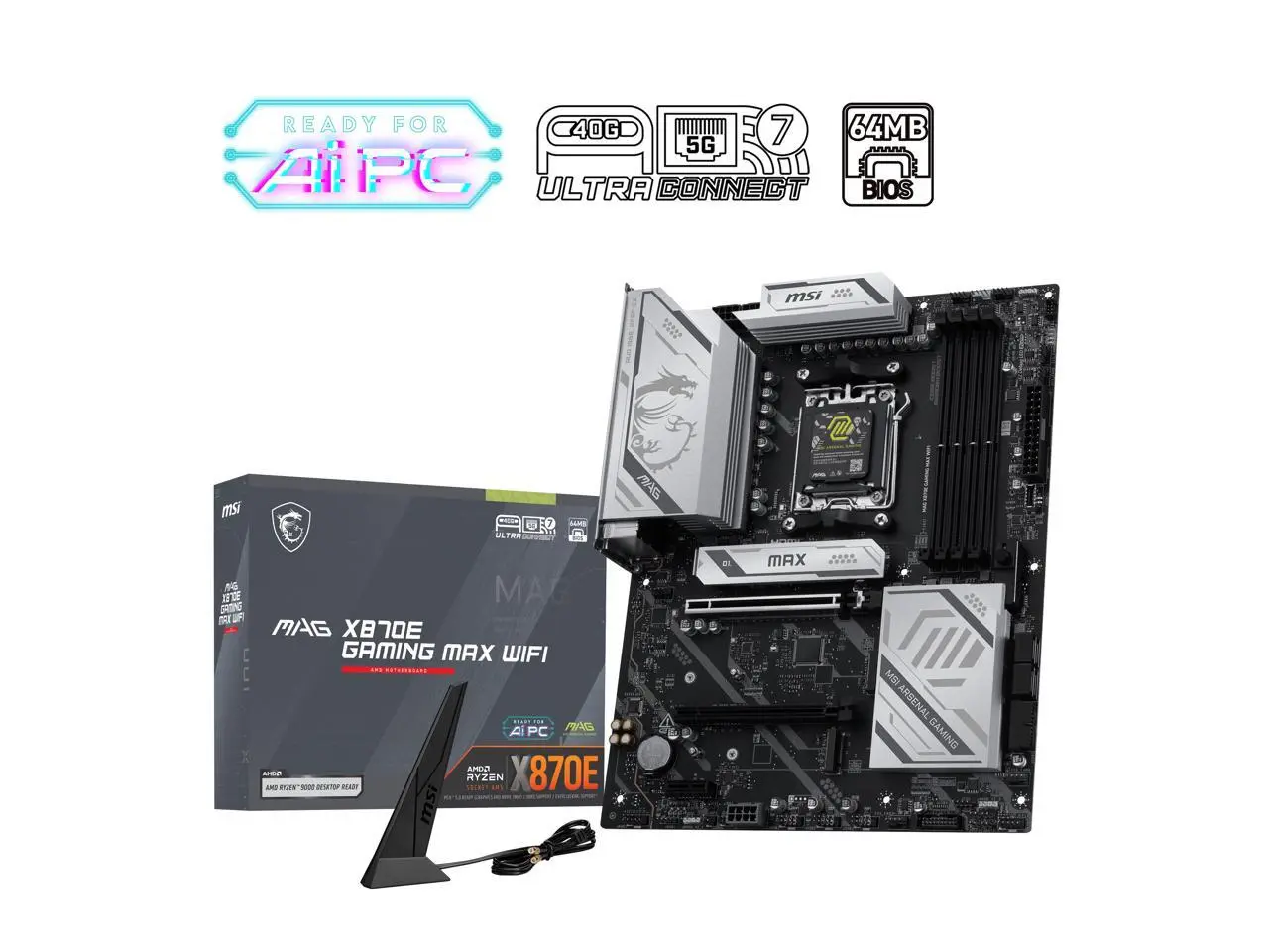 MSI MAG X870E GAMING MAX WIFI Motherboard, ATX - Supports AMD Ryzen 9000 / 8000 / 7000 Processors, AM5 - DDR5 Memory Boost (up to 8200+ MT/s OC), PCIe 5.0 x16, M.2 Gen5, Wi-Fi 7, 5G LAN