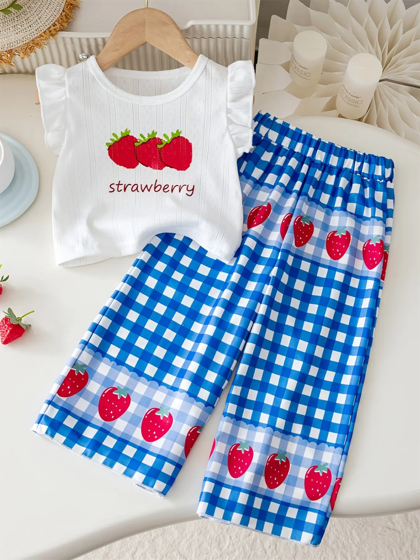 Girls' Strawberry Print Long Pants Set, Blue Plaid Sleeveless T-Shirt, 2pcs, Casual Fashion Set, Summer Clothing Set, Matching Outfits Set, Casual Summer Wear, Graphic Print Set