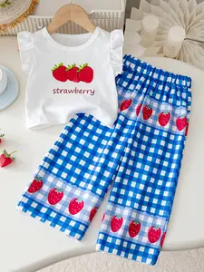 Girls' Strawberry Print Long Pants Set, Blue Plaid Sleeveless T-Shirt, 2pcs, Casual Summer Wear