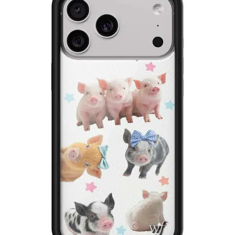 Little Piggies | Limited Edition Trendy Collab iPhone Case | Raised Protective Black Bumper | Women Owned Small Business | Pink and Brown and Black and White Piggies with Bows and Stars | Safety Casing Protective | Gift for Her, Accessories, Smartphone, C