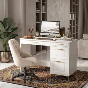 43 Inch Computer Writing Desk with Drawers, Compact Modern Desk with Gold Handles, Small White/Black Desk for Home Office Bedroom, Stylish Home Office Desk for Small Space Decor