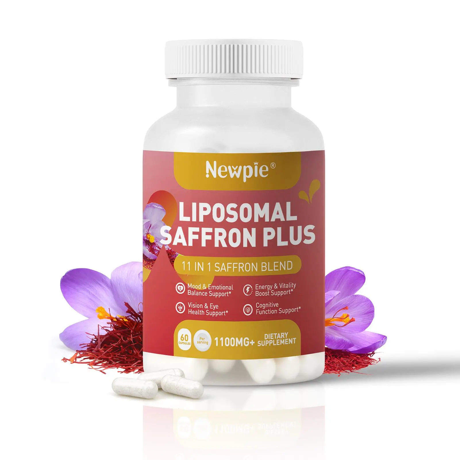 Liposomal Saffron Plus Botanical Dietary Supplements - 11-in-1 88.5mg 100% Pure Saffron Extract, Gluten-Free, Dairy-Free, Vegan Safe, Non-GMO, 3rd-Party Tested, Nootropic Blended Vitamins & Minerals, 60 Capsules for Mood Support & Energy