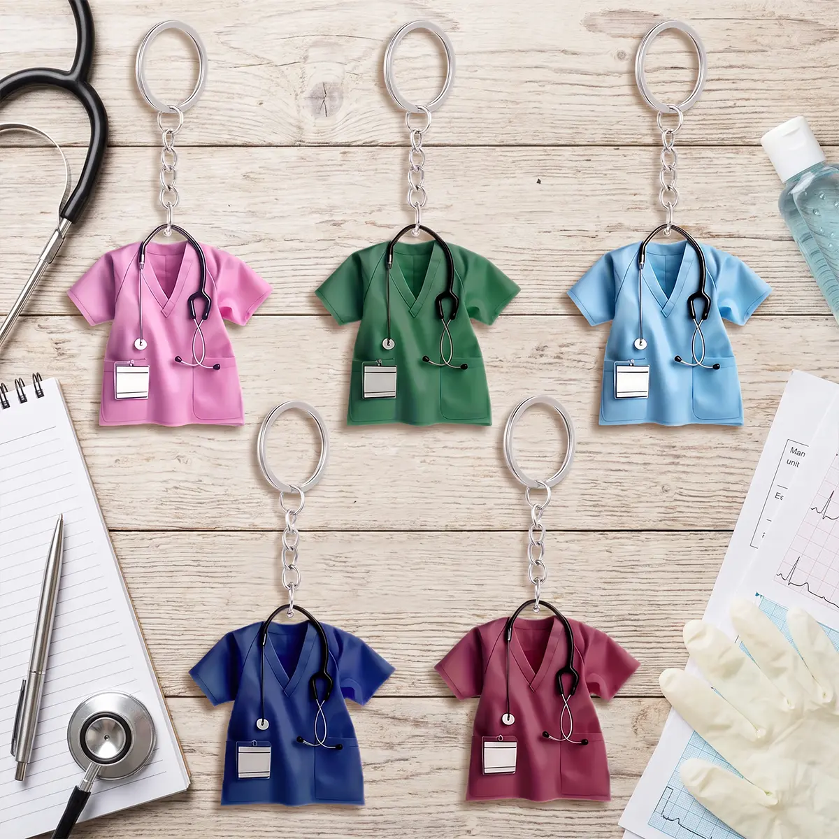Cute Nurse Theme Acrylic Keychain - 2D Scrubs Uniform Charm with Stethoscope, Personalized Medical Daily Accessory for Nurse Friends, Hospital ID Badge Decoration, Bag Pendant