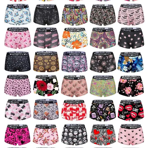 Women's Morvia 10-Pack Random Prints Boyshorts, Soft Comfortable Stretch Elastic-Waist Underwear for All-Season, Casual Fitted Design Fashion Comfy Underwear, Casual Comfy Panty, Daily Casual Underwear