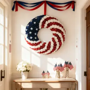 EGOLOT 18Inch Patriotic Roses Wreath 4th of July Summer Soft Touch Foam Roses Wreath for The Front Door Handcrafted Memorial Day Artificial Flowers for Indoor and Outdoor