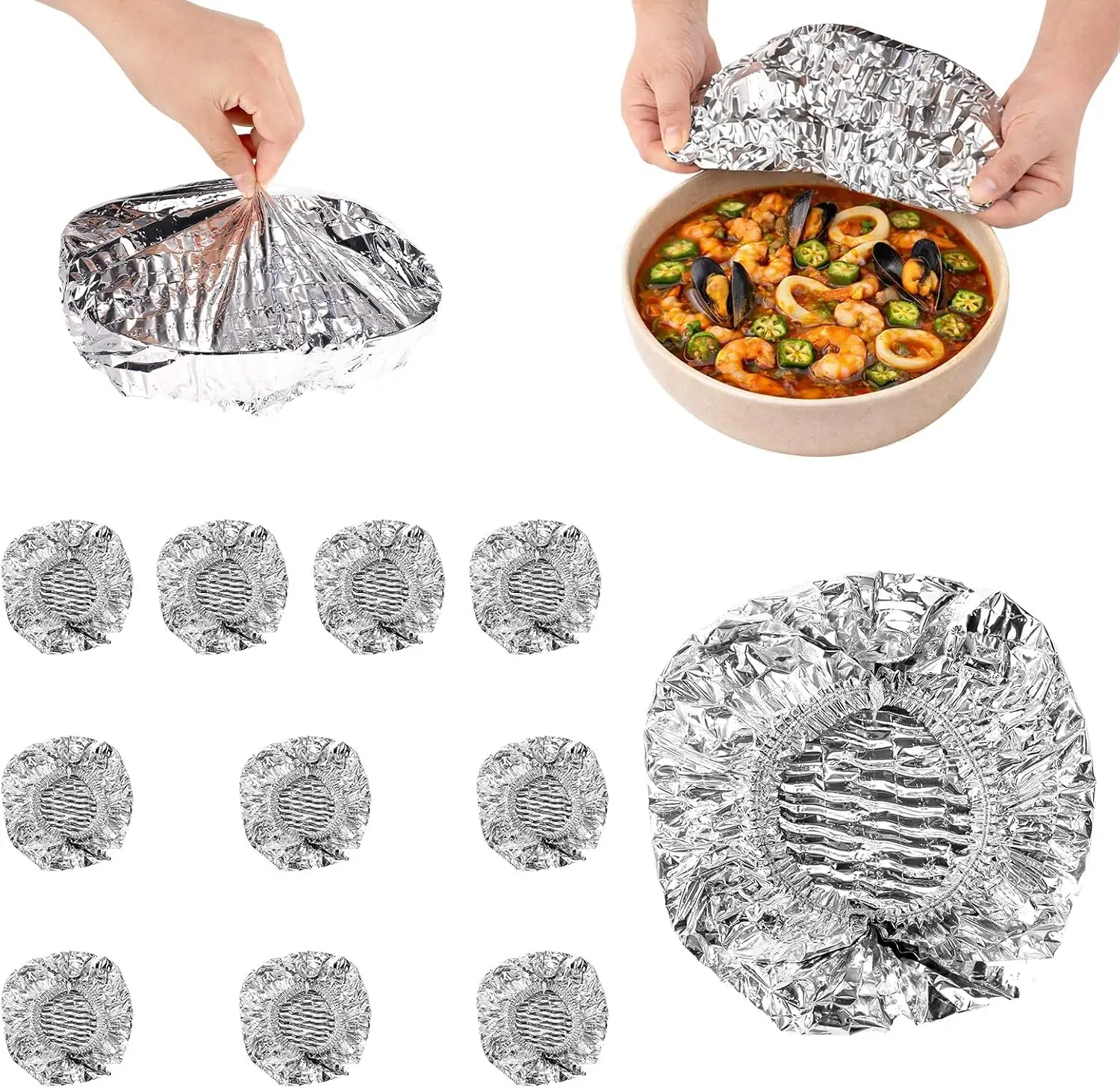 50pcs Reusable Aluminum Foil Food Covers，20cm/7.87inch | Premium Pop Up Foil Food Covers Universal Kitchen Heat Shield Lids for Bowls Plates Storage Containers, Silver