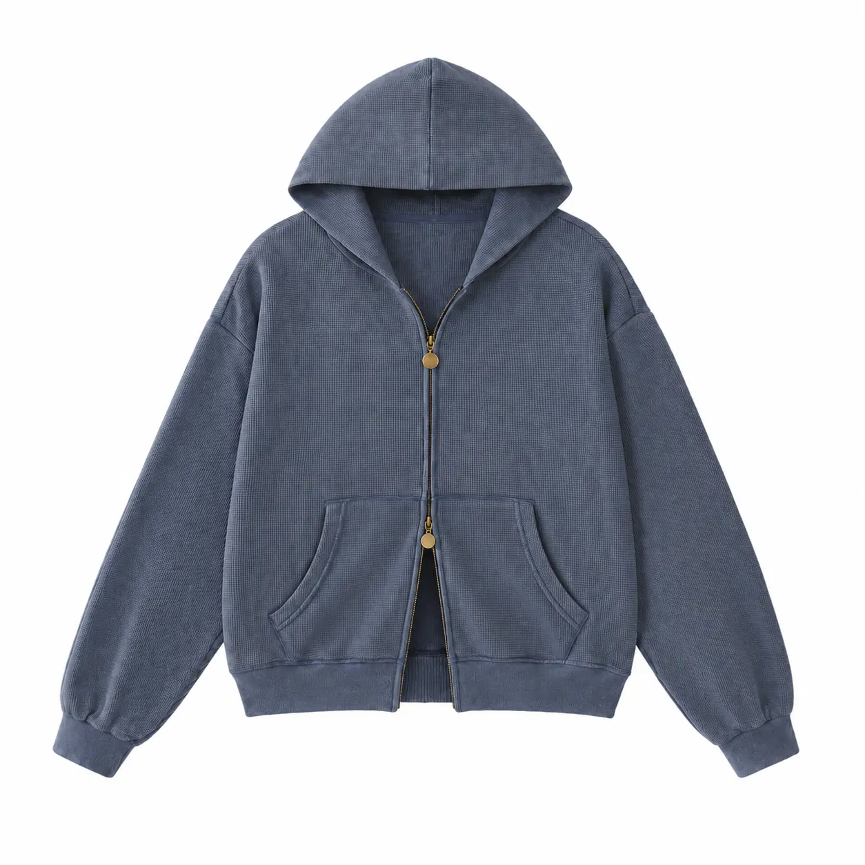 FAIABLE Vintage Washed Waffle Zip Up Hoodie for Women & Men, Double Zipper Regular Fit Cotton Blend Hooded Sweatshirt Casual Jacket