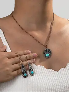 Women's Western Style Cactus Pattern Turquoise Pendant Necklace Earrings Set, Matching Jewelry Set, Daily Wear Jewelry Gift for Women & Girls