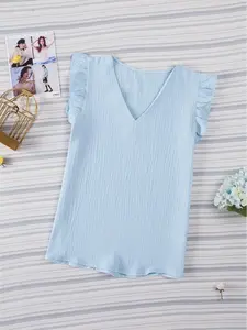 Women's Pastel Blue Ruffle Shoulder V-Neck Top