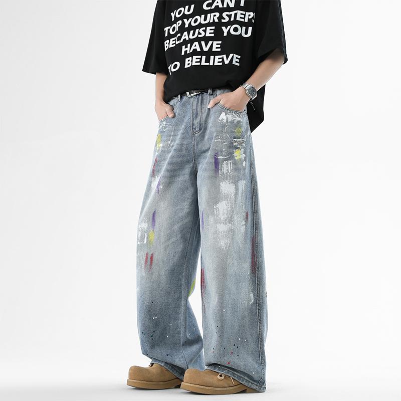 High Street New Trendy Brand Ripped Printed Jeans, Men's Washed Vintage High Street Long Pants for Spring and Fall, Loose Casual Versatile Straight Leg Pants, Niche Design Graffiti Splash Straight Mid-Rise Jeans, Wide Leg Trousers, Men's Jeans, Men's Bott High Street New Trendy Brand Ripped Printed Jeans, Men's Washed Vintage High Street Long Pants for Spring and Fall, Loose Casual Versatile Straight Leg Pants, Niche Design Graffiti Splash Straight Mid-Rise Jeans, Wide Leg Trousers, Men's Jeans, Men's Bott