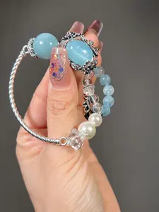 Aquamarine Half Bangle Bracelet, Aquamarine Cabochon (Polished Dome Cut) with Pearl & Quartz Accent, Mixed Bead 8–16mm Gift for Her