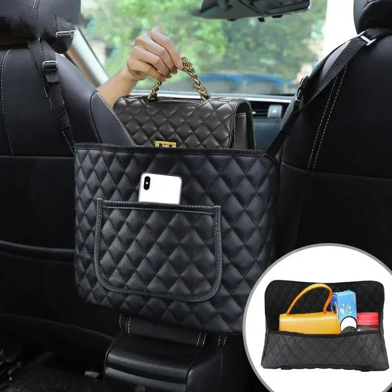 New Car Seat Handbag Holder Luxury Leather Between Seat Back Organizer Bag, 1 Count Large Capacity Bags, Automotive Goods Storage Pockets