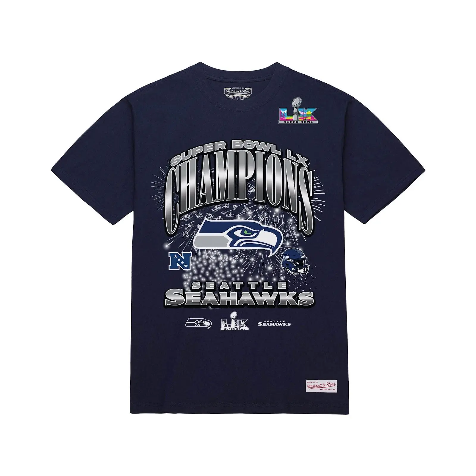 Seattle Seahawks Navy Super Bowl LX Champions Arch T-Shirt NFL Throwback Tee Graphic Vintage Fan Gear Mitchell & Ness