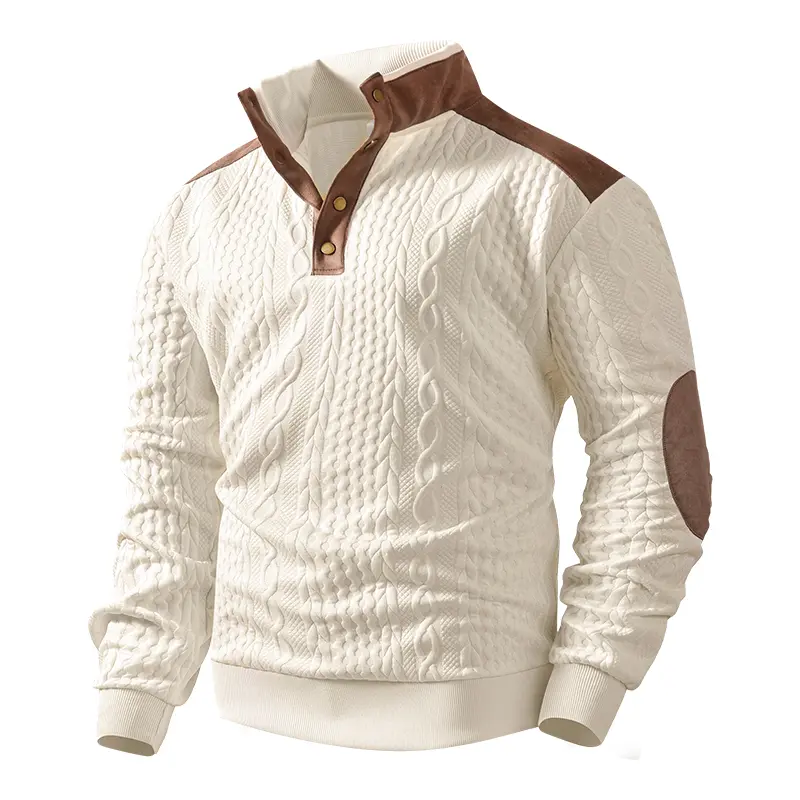 Men’s vintage pullover sweatshirt with cable texture, stand collar, half-button placket, elbow patch, long sleeves