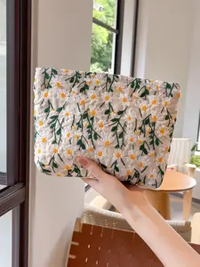 Stitched Daisy Flower Makeup Bag Handbag, Retro Zipper Cosmetic Pouch, Large Travel Canvas Tool Bag, Skincare Storage, Home & Travel Essential