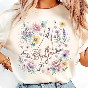 Custom Mom Shirt With Kids Names, Personalized Mother Shirt, Floral Mom Gift, Mom Holding Hands Shirt, Mothers Day Gift From Kids（Need a custom order? Send your requests to our customer service team!）