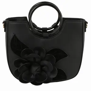 Elegant Black Handbag with Floral Design and Round Handle for Women