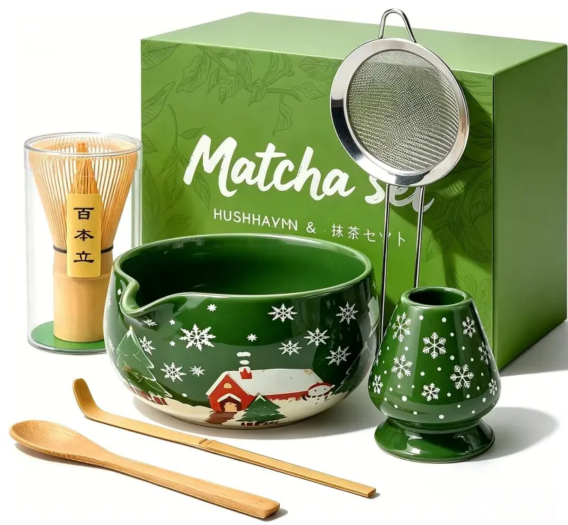 Matcha Whisk Set, Ceramic Matcha Set Includes Bowl & Holder, Bamboo Whisk (Chasen), Scoop, Spoon and Sifter, 6Pcs Matcha Kit Covers Everything Needed for Making Matcha