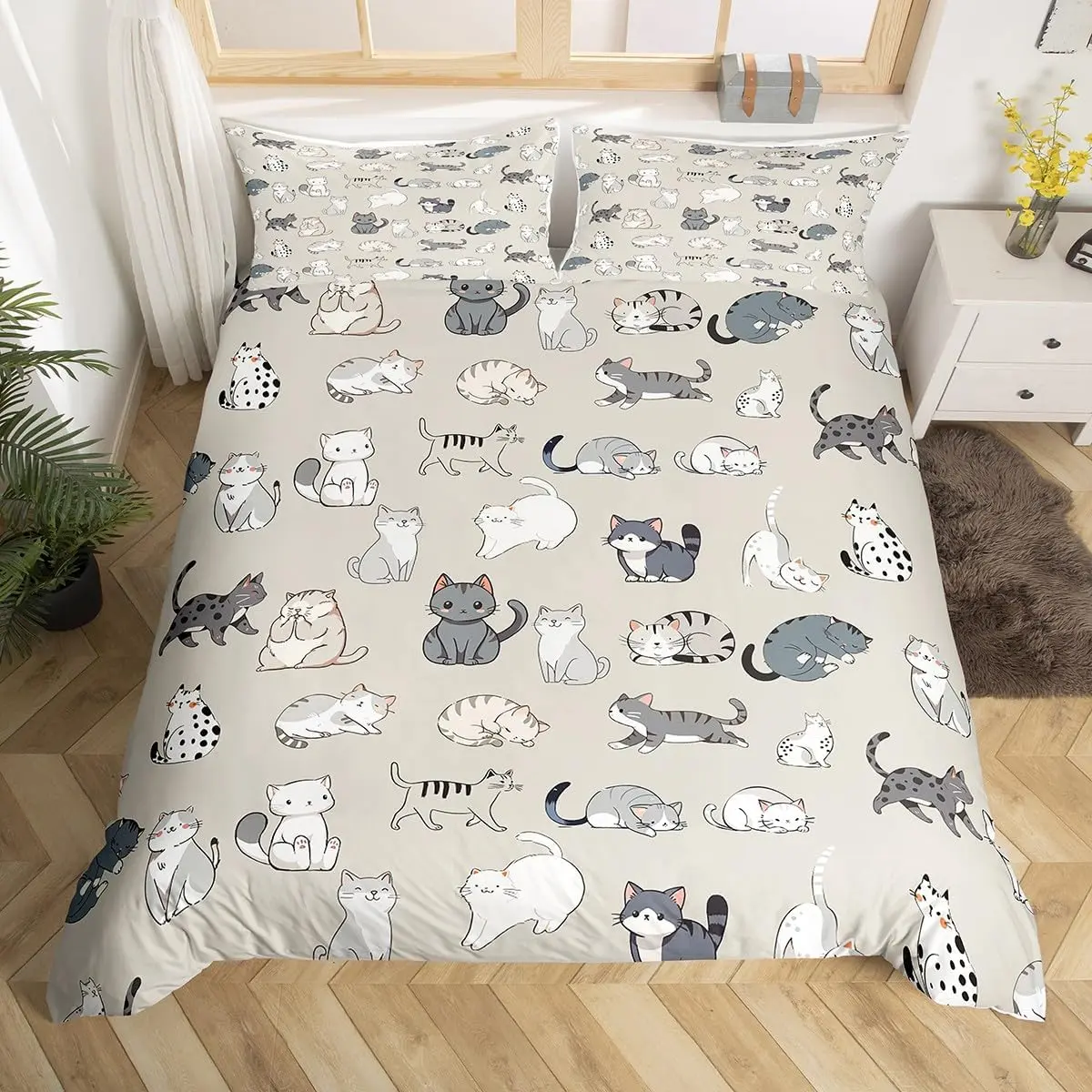 Cute Cats Duvet Cover Kawaii Animals Bedding Set Cat Pattern Comforter Cover Room Decor Gray White Beige Lightweight Bedspread Cover (No Comforter)