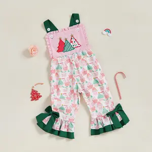 Toddler Baby Kids Girls Christmas Overalls Tree Embroidery Print Sleeveless Jumpsuit Suspender Pants 6M-5Y