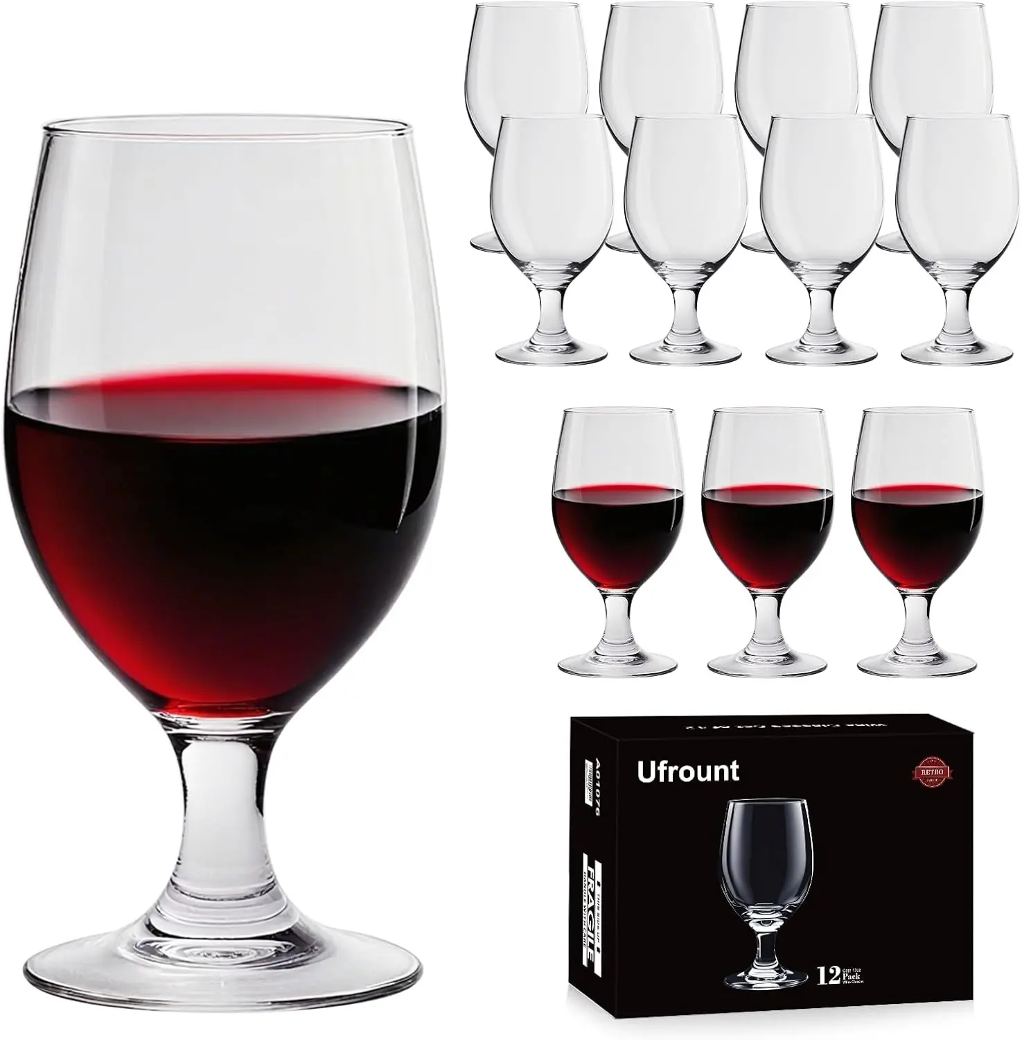 13 OZ Red&White Wine Glasses,Clear Water Goblets Set of 12 | Multi-purpose Water Goblet Glasses, Dessert Port Short Stemmed Drinking Glass, Party, Wedding, Home Bar
