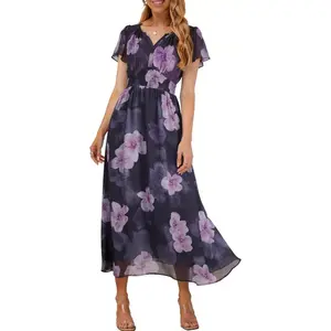 Women’s Summer V Neck Maxi Dress 2026 Short Sleeve Empire Waist A Line Modest Long Dress Wedding Guest