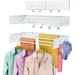 Drying Rack Clothing,Clothes Drying Rack Wall Mounted,Laundry Drying Rack Wall Mount,Foldable,Collapsible,60 lb Capacity 5 Aluminium Poles with 6 Hooks (White, 23.6'')