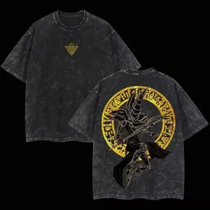 Men's Oversized Yu-Gi-Oh! Dark Magician Classic Short-Sleeve Tee - Washed, Breathable, Double-Sided Millennium Puzzle Print, Aesthetic Street Style, Cargo-Inspired Badge, Casual Top for Anime Fans