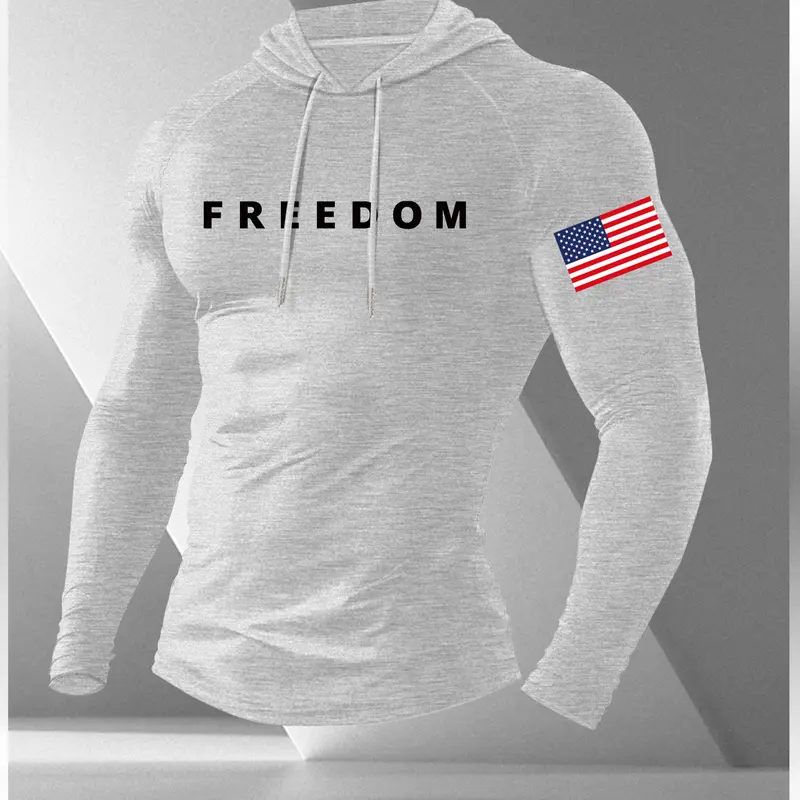 Men's Cartoon Print Long Sleeve Hooded T-Shirt, Casual Fitted Moderate Fabric Casual Fitness Wear Gym Athletic Clothes Gym Workout Top Casual Workout Tops Fitness Training Clothes for Fall #GLOBAL PICKS