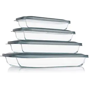 8 Pieces Rectangular Glass Baking Dish Set with Lids, Glass Baking Pans Bakeware for Lasagna Leftovers Cooking, Fridge-to-Oven Safe Baking Dishes for Kitchen, Gray