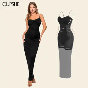CUPSHE TikTokShopSpringGlowUp Keep Me Near Black Maxi Dress with Shapewear Slimming Bodysuit Basic Casual Tummy Control Womenswear for Party Formal Minimalist Sleeveless black dresses Bodycon Womensfashion