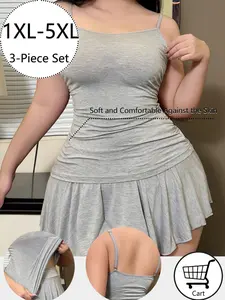 【Plus Size】 Solid Color Cami Top & Short Skirt & Thong Sleepwear Set, Casual Comfy Pyjama Set for Women, Women's Sleepwear for All Seasons