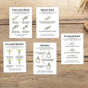 5pcs Knot-Tying Cards with Step-by-Step Illustrations of Bowline, Overhand Knot, Two Half Hitches, Outdoor Knots Reference Cards, Gift for Hikers, Campers, Sailors - Perfect for Camping, Backpacking, & Scouting Scenarios