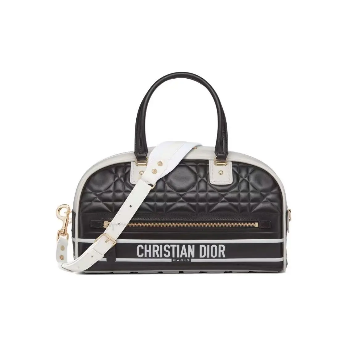 Pre-owned Dior leather Shoulder Bags Medium Black & White Smooth Calfskin Bowling Bag, Detachable Strap, Handbag Shoulder Crossbody Travel Gym Bag For Women