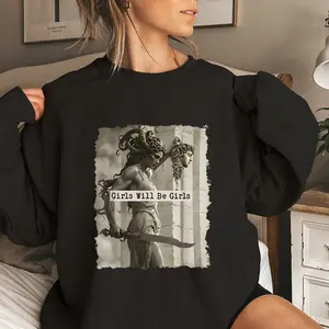 Girls Will Be Girls Medusa With The Head Of Perseus Women's Sweatshirt Casual Print Long Sleeve Round Neck Pullover for Daily Wear, Ladies Clothing Fall & Winter Fashion Unisex Sweatshirts