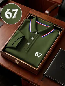 Men's Geometric Print Polo Shirt, Loose-Fit Short Sleeve, Breathable Elastic Fabric, Casual Business Tee, Spring Summer Outdoor Wear