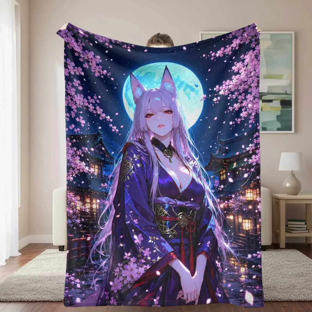 Anime Fox Girl Flannel Throw Blanket - Fading-Proof Flannel Fabric, Sakura Blossom-Moonlight Kimono Print, Plush Soft Lightweight, Multi-Size for Sofa, Bedroom, Festival Gift