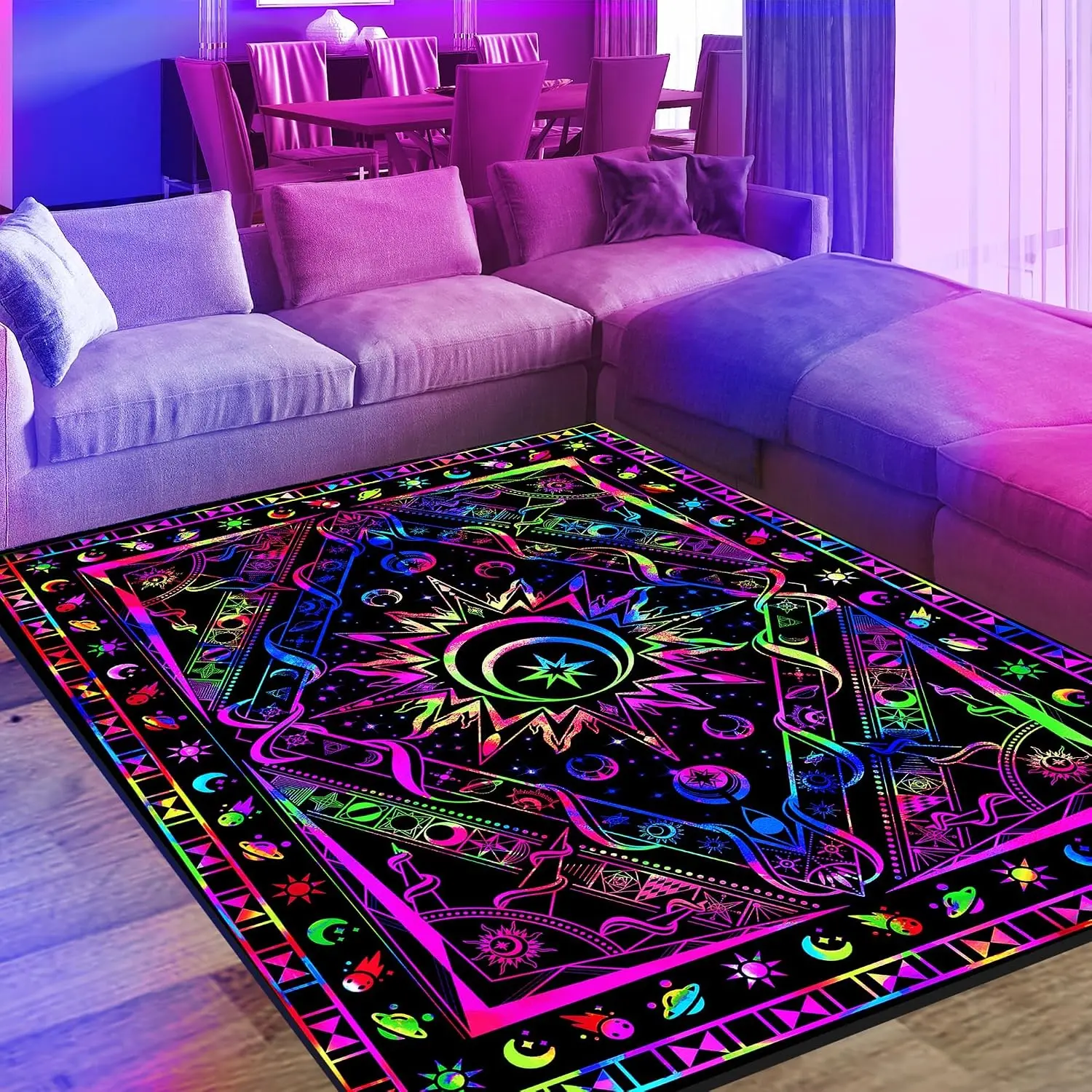 Blacklight Burning Sun Area Rug, Neon UV Reactive Celestial Moon Star Planet Throw Rug, Non-Slip Fluorescent Boho Hippie Floor Mat Carpet, Glow in The Dark Bedroom Home Decor 70x47inch