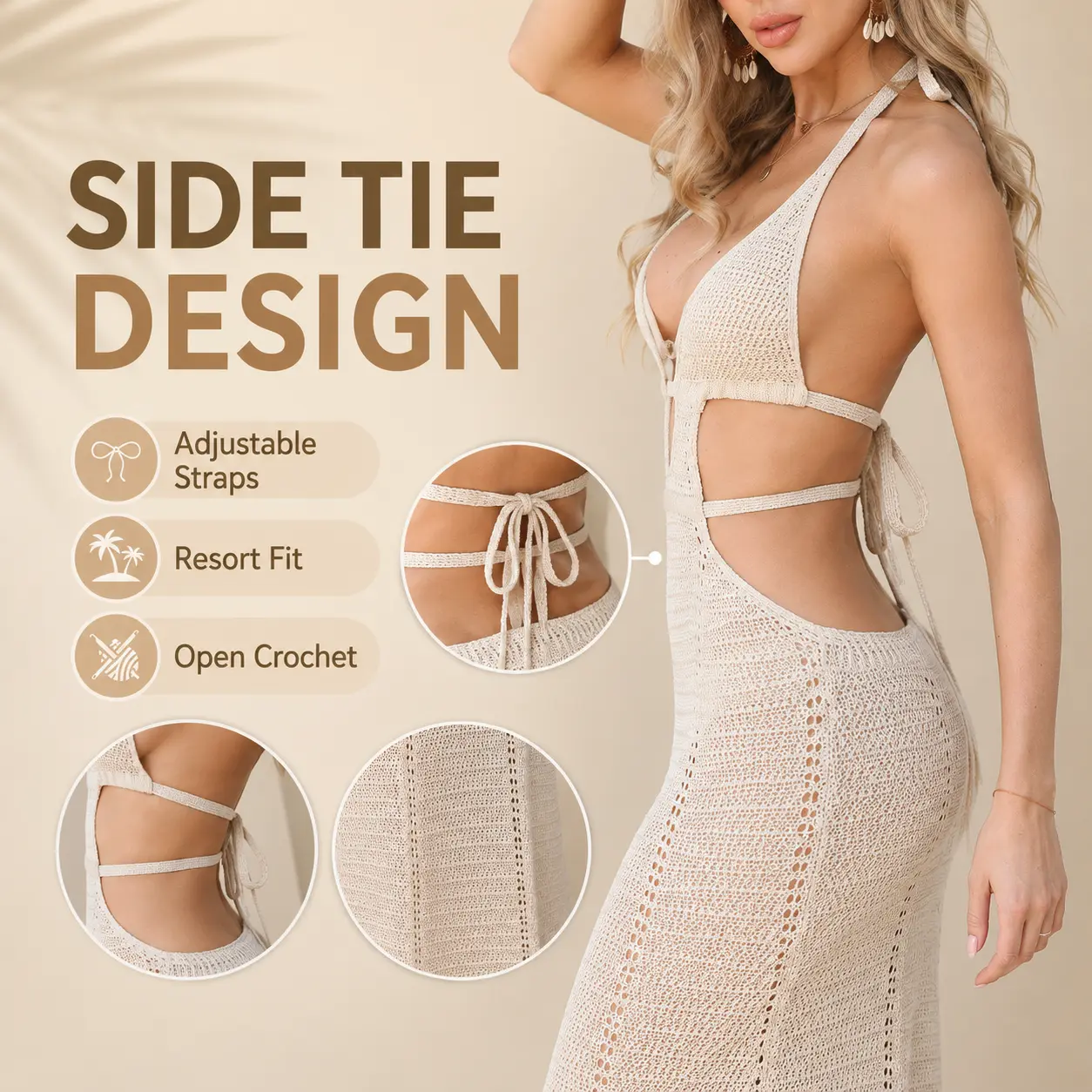 Women’s Crochet Haltered Neck Maxi Dress - Female Lightweight Beach Wear Cover Up, Sexy Open Knit Resort Dress, Vacation Summer Pool Coverup with Adjustable Side Tie Straps